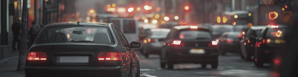 Zu sehen sind Autos auf einer Straße mit roten Lichtern